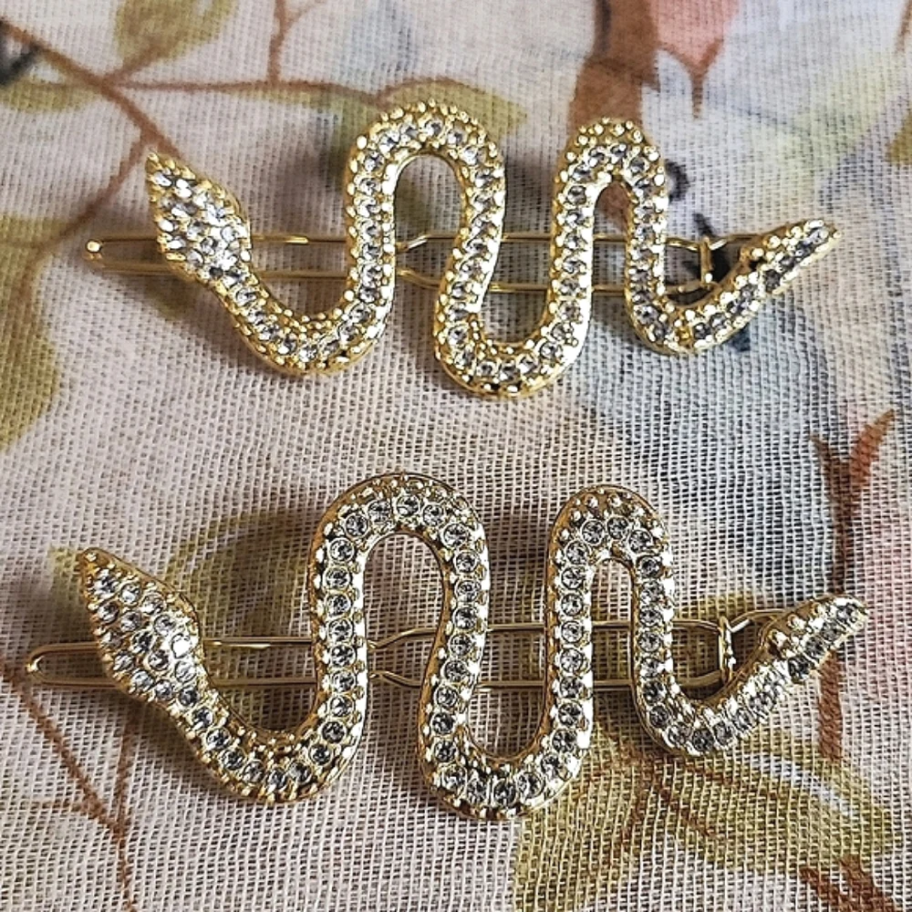 Cobra Snake Serpent Venomous Gold Tone Clear Rhinestone Barrettes Hair Jewelry
